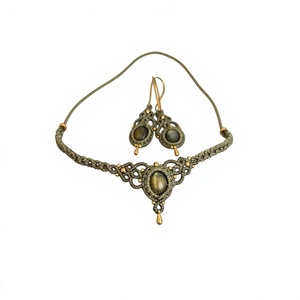 Ensemble de colliers vintage en macramé avec pierre de labradorite sertie, chaînes en alliage d'acier inoxydable, style bouddhiste, bijoux unisexes, cadeau - Product Image 1