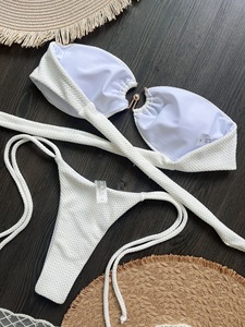 Women's Two-Piece Floral Print Bathsuit O-Ring Bandeau Bikini Set Wholesale Swimwear <b>Thongs</b> Bottom Design Swimsuit for Women - Product Image 4