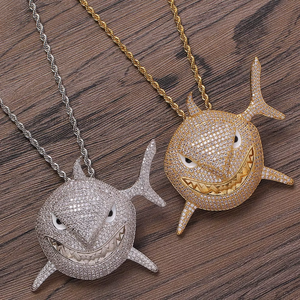 Large shark pendant, hip-hop <b>copper</b> inlaid zircon personalized domineering men's necklace. - Product Image 2