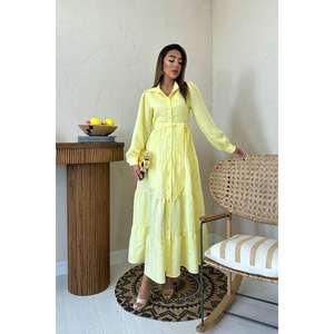 Vestido Largo Amarillo con Cinturón, Cuello Redondo, Corte Holgado, Tejido Translúcido, Informal para Uso Diario - Product Image 4