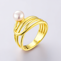 Cincin Mutiara Perak Sterling QX 925 Berlapis Emas dengan Desain Kawat Terbuka Multi Strand Grosir Kustom Terukir