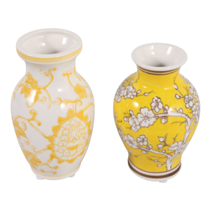Vaso in Ceramica con Design Floreale Chinoiserie, Giallo e Bianco, Pezzo Decorativo per Soggiorno - Product Image 3