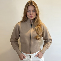Fabricante de Suéteres Cortos de Punto Acanalado con Cierre y Cuello Alto para Mujer, Personalizados OEM