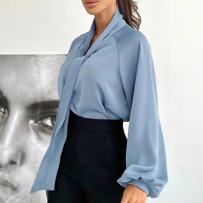 Fashion Chic Office Ladies Shirts Spring New Solid Bow Tie Lantern Sleeve Shirt Women Elegant Satin Lace Up Blouse