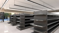 Équipement de supermarché complet : rayonnages gondole double face robustes en bois et métal, sur mesure