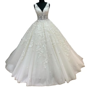 <b>White</b> Ball Gown Wedding Dress V-Neck <b>Lace</b> Vintage Style Natural Waistline Polyester Fiber 12-10 - Product Image 2