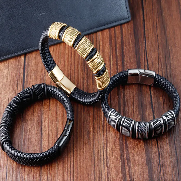 Moda uomo placcato oro bracciali con perline in acciaio inossidabile cinturino in pelle cinturino braccialetto braccialetto in pelle personalizzato