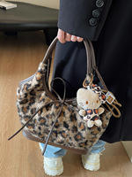 Sac Hello Cat Version Coréenne Rétro en Fourrure Peluche Léopard, Grand Sac Cabas Élégant avec Nœud Délicat