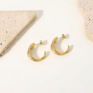 Pendientes De Gota Gold Ribbed C-Shape Stainless Steel Earrings Orecchini 18K Gold Plated Gold Plated Irregular Sector Earrings