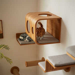 คอนโดแมวติดผนังไม้เนื้อแข็งพร้อมเสาข่วนและที่นั่งบุนวม |   เฟอร์นิเจอร์ติดผนังสำหรับแมวในบ้านแบบทันสมัย - Product Image 3