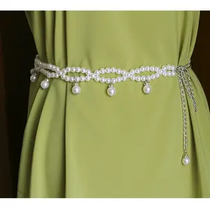 2022 Hot Sales New Designer Double Layer Cross Round Pearl Beaded Waist Chain Women Dresses Belt Tassel Pearl Waist Chain Belt