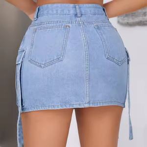 Mini-jupes d'été personnalisées avec logo, taille haute élastique, en jean de coton pour femmes, vente en gros - Product Image 3