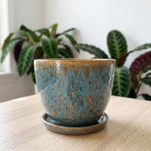 Pot de fleurs moderne en céramique émaillée avec soucoupe pour plantes d'intérieur, 10 pouces, motif bleu et rouille, style minimaliste - Product Image 2