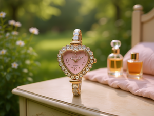 Orologio da Donna a Forma di Cuore, Placcato Oro, Cinturino in Lega, Quadrante Rosa, Dettagli in Cristallo, Gioiello alla Moda - Product Image 2