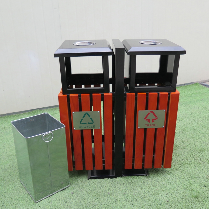 Garden Furniture Outdoor Waste Can Double Compartments Recycling Bin Wooden Trash Bin