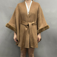 Poncho double face 100 % poil de chameau pour femme avec ceinture en fourrure de vison véritable et manches chauve-souris