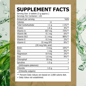Comprimés de spiruline et de chlorelle à marque privée OEM, riches en chlorophylle avec vitamine A, favorisant la santé digestive - Product Image 3