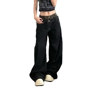 2025 primavera otoño diseño Retro americano Sense empalme estampado de leopardo Jeans para mujeres XL pantalones de trapeador rectos de dos piezas falsos - Product Image 6