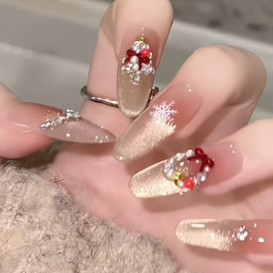 Faux Ongles <span class=keywords><strong>de</strong></span> Noë<span class=keywords><strong>l</strong></span> à Presser, Longs Amande Nude French 3D, Effet Œil <span class=keywords><strong>de</strong></span> Chat Doré Scintillant, pour Femmes, Fêtes et Usage Quotidien - Product Image 1