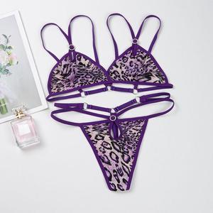 Conjunto de lencería sexy con estampado de leopardo y tiras para mujer, Bralette morado de dos piezas, Tanga, ropa íntima exótica ajustable - Product Image 4