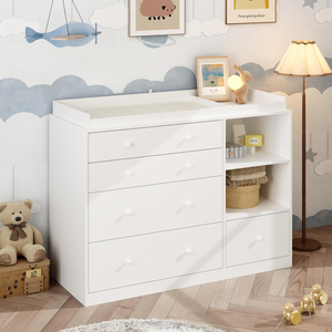 Commode de chambre moderne blanche pour bébé, table à langer, 5 tiroirs, étagères, rangement sécurisé, organisateur de chambre à coucher - Vente en gros usine - Product Image 1