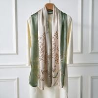 Nouvelle Écharpe Longue en Soie de Mûrier 100% Satinée, Motif Oiseaux et Branches Vert Beige Chinois, Élégante pour Femme, Personnalisable OEM
