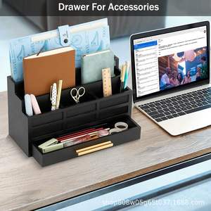 Black Wooden Desktop <b>Organizer</b> With <b>Drawer</b> 6 Compartments Geometric Pattern Storage Box For Office Student Use - Product Image 4