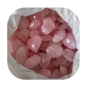 New arrivals carving gemstone crystal love heart crafts natur rose pink quartz heart shaped stone for Decor