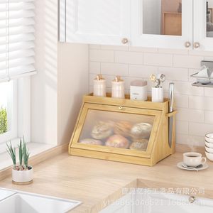 Boîte à pain en bambou double couche avec porte en verre pour le rangement des collations dans la cuisine, grande capacité, ouverture rabattable, couleur unie - Product Image 3