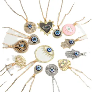 KDC2108 Wholesale Bulk Gold Silver Plated Charm Heart Hasma Fatima Hands Pendant Woman Crystal Blue Turkish Evil Eye Necklace