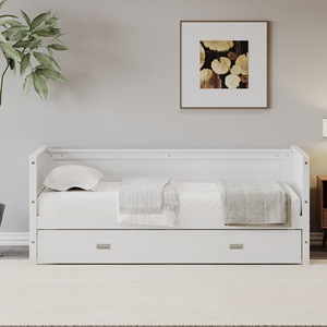 Lit double en bois blanc avec lit gigogne intégré, gain de place, pour enfants, adultes et personnes âgées - Product Image 2