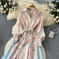 Robe chemise élégante à imprimé floral pour femmes WIWT, col en V, manches longues, ceinture, robe longue décontractée pour les vacances, robes pour femmes