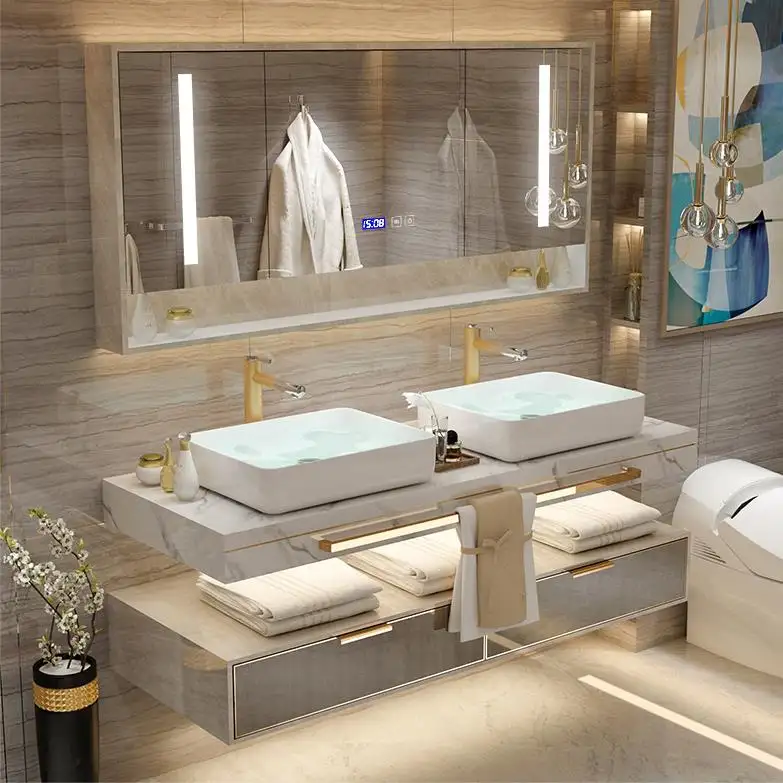 Moderno luxo parede montado alça dourada suporte de chão armário do banheiro com bacia espelhada