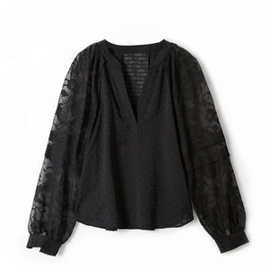 2024 Soring nouveau chemisier <span class=keywords><strong>noir</strong></span> à col en V pour femmes conception en relief transparence <span class=keywords><strong>haut</strong></span> à manches longues - Product Image 1