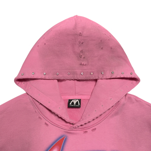 Sweat à capuche oversize rose vif pour homme avec imprimé ATM sur le devant, style streetwear, design vieilli, effet délavé et orné de clous - Product Image 3