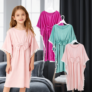 Robe longue d'été pour fille, sans manches, unie, avec pompons et nœud, style boutique, décontractée à volants - Product Image 1