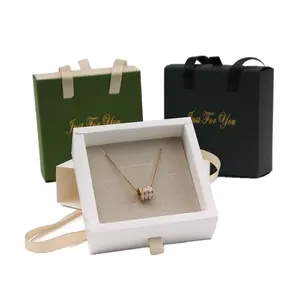 Boîte à bijoux verte Portable pour fille, collier, boucles d'oreilles, bague, Bracelet, emballage en papier, boîte cadeau avec plateau en velours