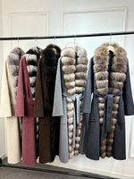 Manteau long en laine Janveny 2026 pour femme, chaud, avec poignets en vraie fourrure de renard et ceinture, en mélange de laine