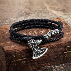 Bracelet en cuir tressé double brin avec hache viking nordique yunnique, bijoux pour homme en acier inoxydable, cadeau - Product Image 1
