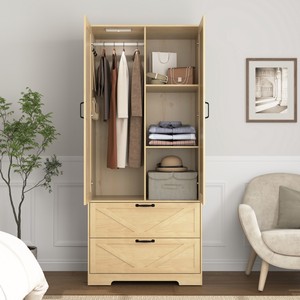 2-Door Wood Modern Apartment <b>Wardrobe</b> <b>Hanging</b> Rod Induction Light Built-in Mirror Bottom Drawers Multifunctional Bedroom Closet - Product Image 2