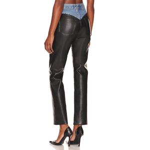 Pantalones Vaqueros de Mezclilla de Cintura Alta y Pierna Recta para Mujer, Diseño Especial, con Detalles en Cuero Sintético en Contraste - Product Image 4