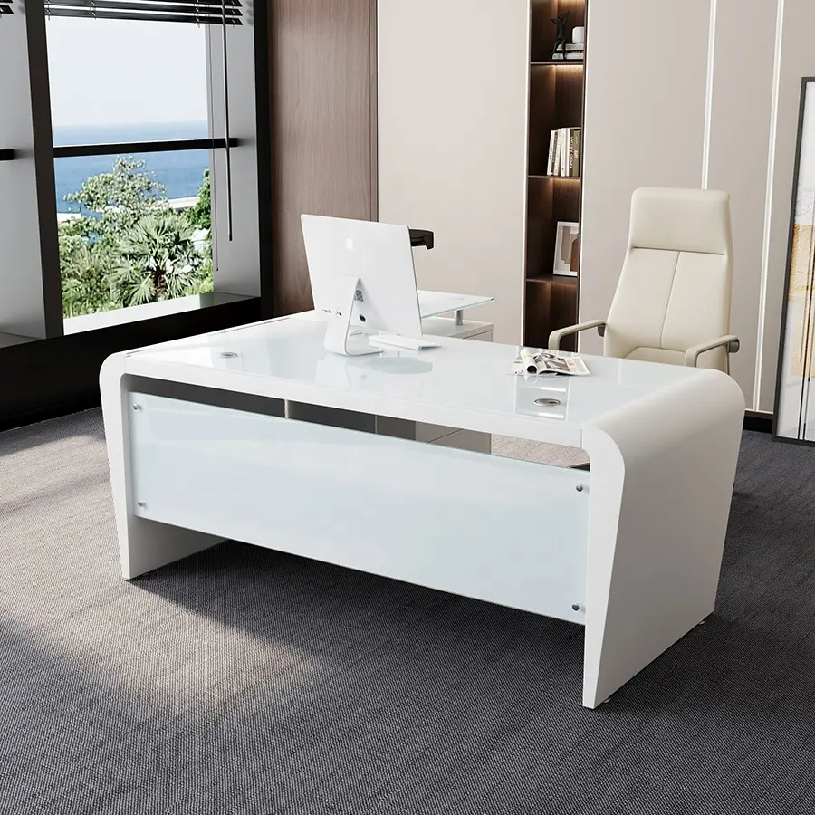 أثاث مكتبي رخيص للمدير التنفيذي ، طاولة مكتب زجاجية على شكل حرف L بيضاء عصرية