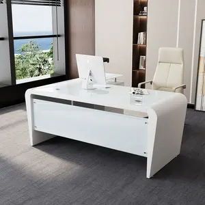 Mebel kantor manajer eksekutif murah, furnitur kantor putih modern bentuk L, kaca meja kantor Biro