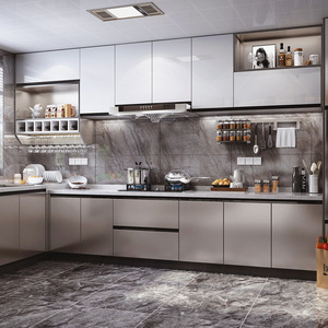 Armoire de cuisine modulaire à finition brillante meubles en bois ignifuges avec poignée en aluminium de couleur personnalisée de taille personnalisée - Product Image 5