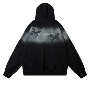 <span class=keywords><strong>Felpa</strong></span> con Cappuccio Oversize con Stampa di <span class=keywords><strong>Farfalle</strong></span> e Lettere Gotiche, Effetto Sfumato, Stile Streetwear Scuro per Uomo - Product Image 2
