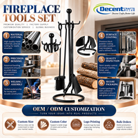Ensemble d'outils de cheminée noir mat avec support à base circulaire, brosse, pique, pinces, pelle, crochets et embout décoratif