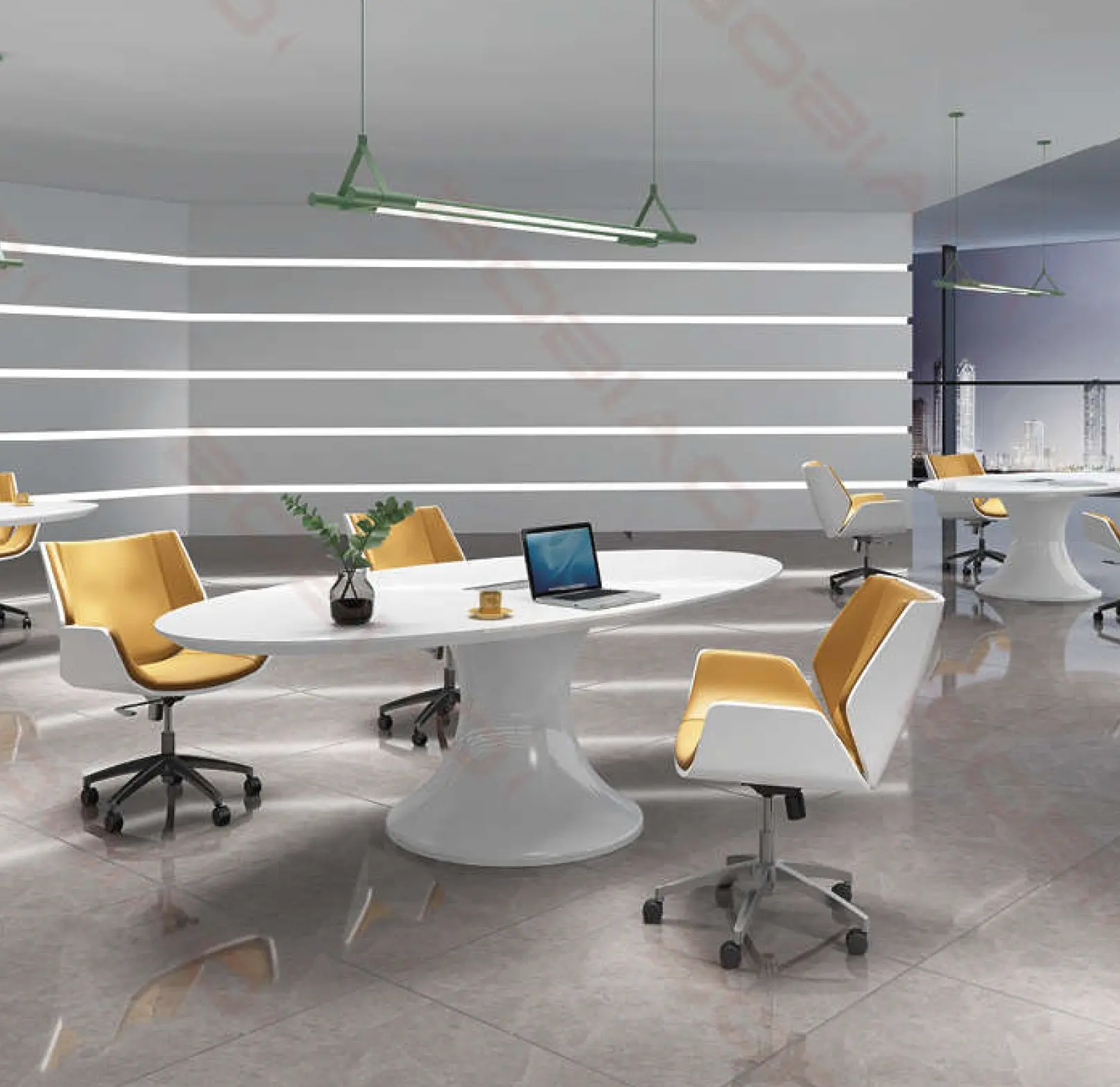 モダンなオフィス家具ホワイトレザーガラス大理石トップホワイトU字型木製カフェテーブルと椅子デザイナー楕円形会議テーブル