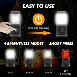 Rechargeable, 1500LM, 4 modes d'éclairage, batterie externe, IPX4 étanche LED solaire led camping lumière usb rechargeable