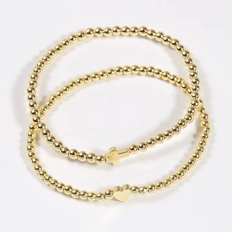 JH Wholesale 3MM Women Round Golden hematite Beads Elastic Bracelet with cross heart charm Valentine Bracelet