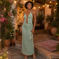 Ensemble de crochet personnalisé avec logo pour femme, ajouré, court, à cordon de serrage, sans manches, col en V, géométrique, vert, été, polyester, usine OEM & ODM